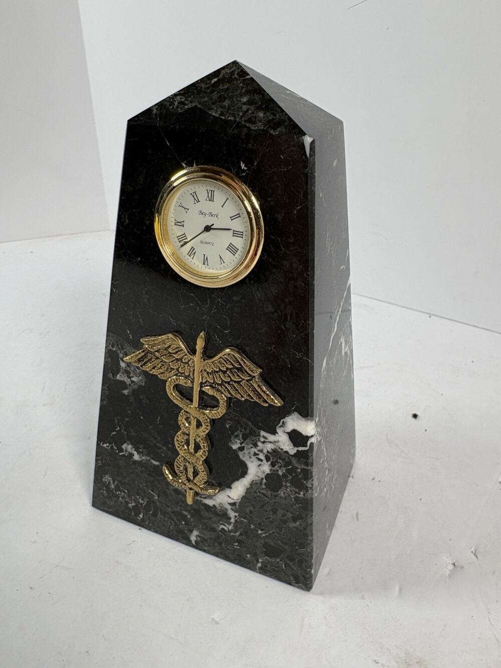 Bey-Berk Black Marble Medical Caduceus Quartz Desk Clock Doctor Nurse Award